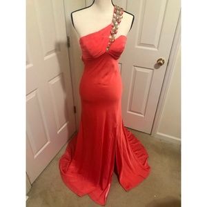 Unique, asymmetrical, open back gown